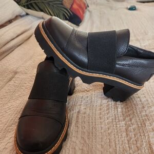 SOREL Brex Heel Loafer Black Leather Waterproof Platform Pump Shoes Sz 6 $180